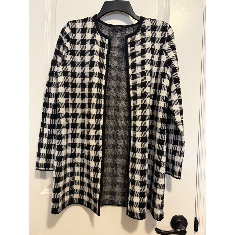 Talbots Cardigan Women MP Black White Wool Plaid Gingham Preppy Classic
